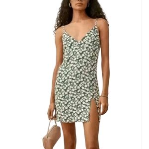 Reformation Floral Green Spaghetti Strap Dress Very Slim Fit L